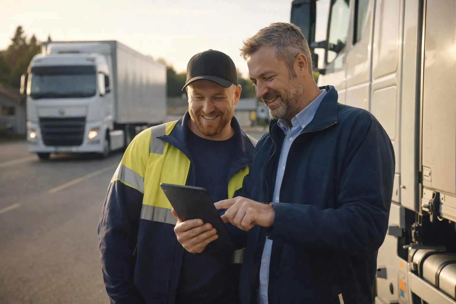 Vairuotojas ir dispečeris su planšete prie sunkvežimių