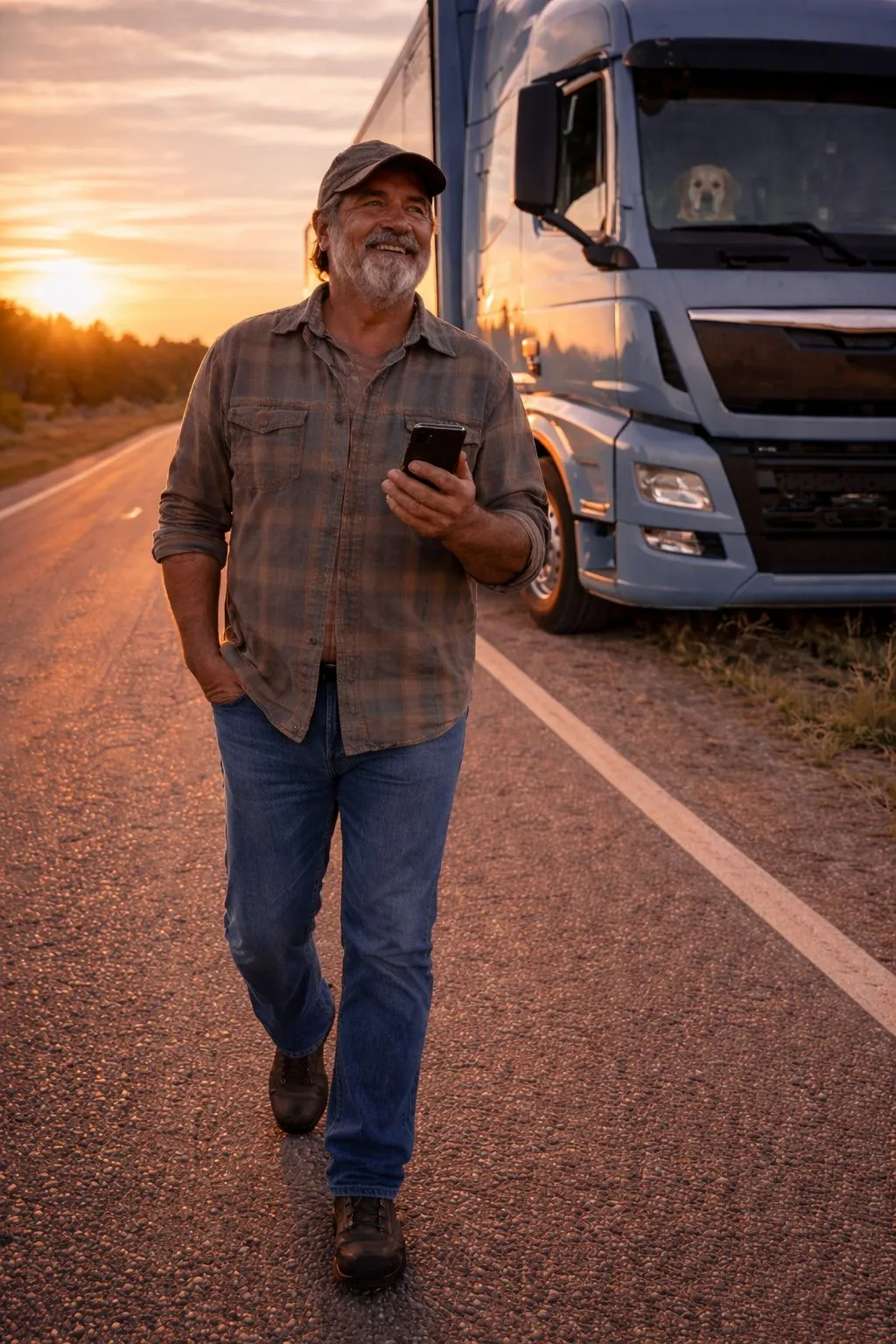 Vairuotojas su telefonu prie sunkvežimio saulėlydyje