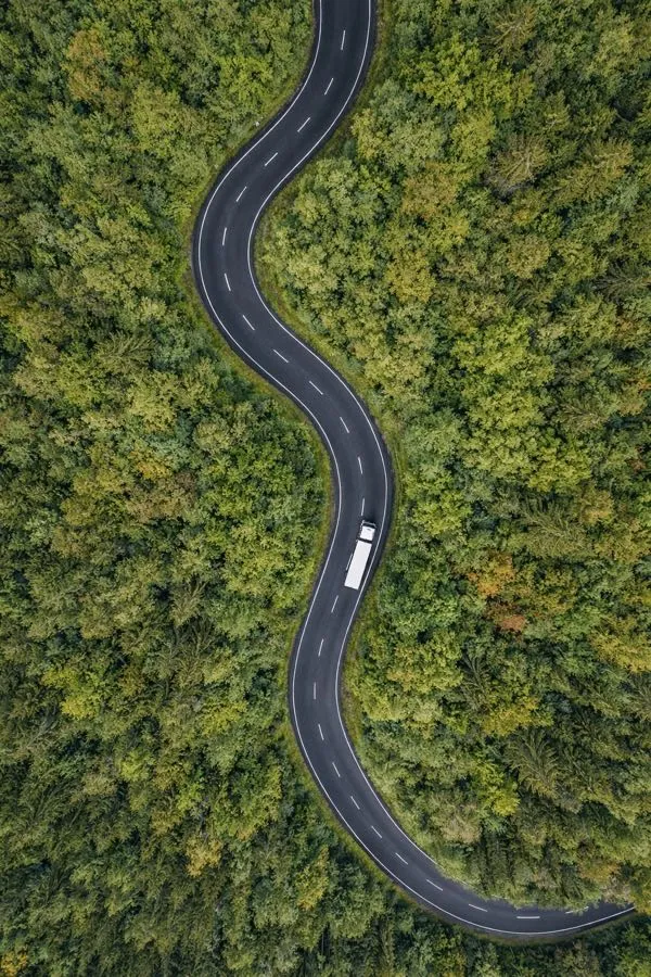 Sunkvežimis vingiuotame miško kelyje
