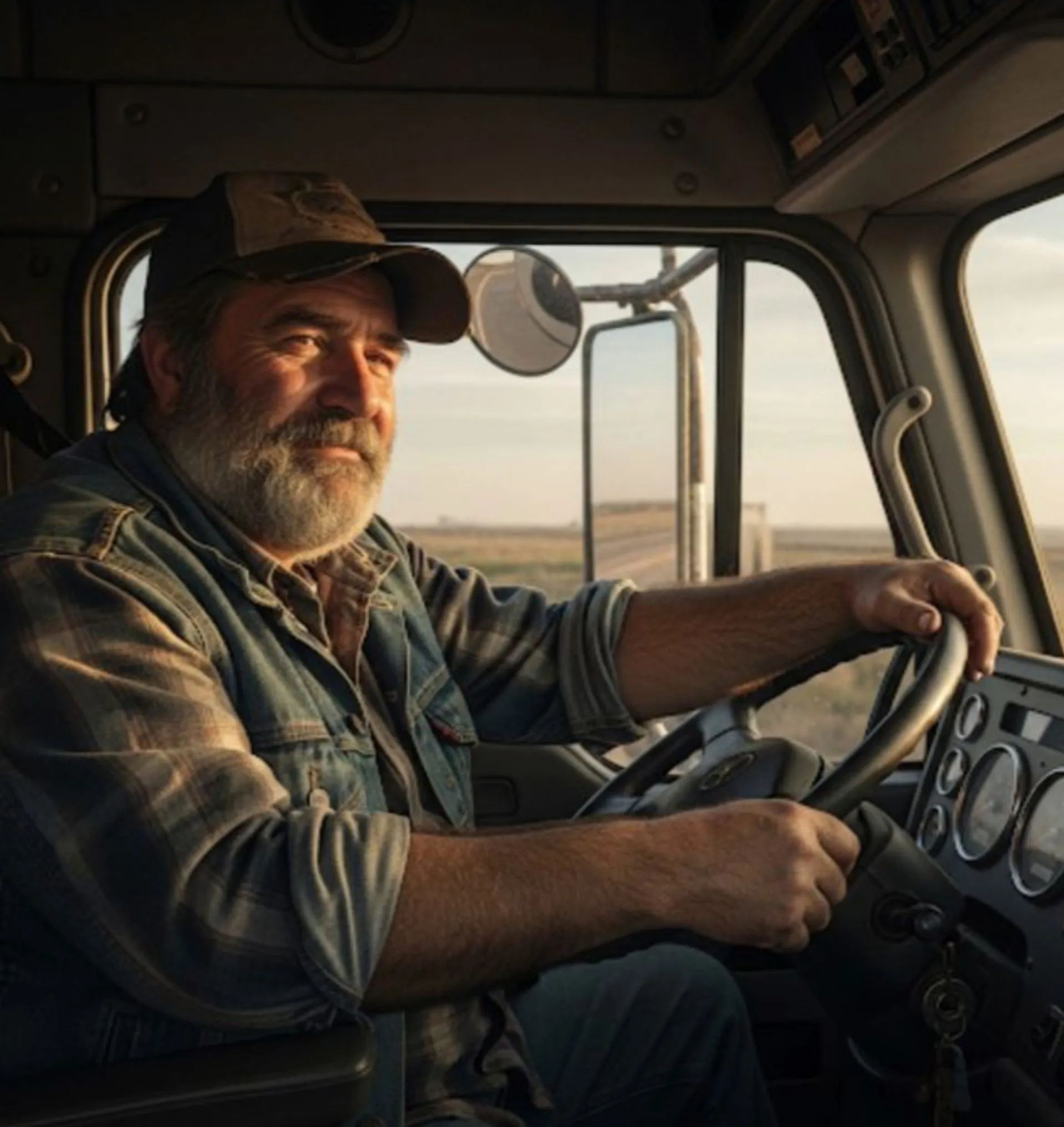 Patyręs vairuotojas kabinoje prie vairo