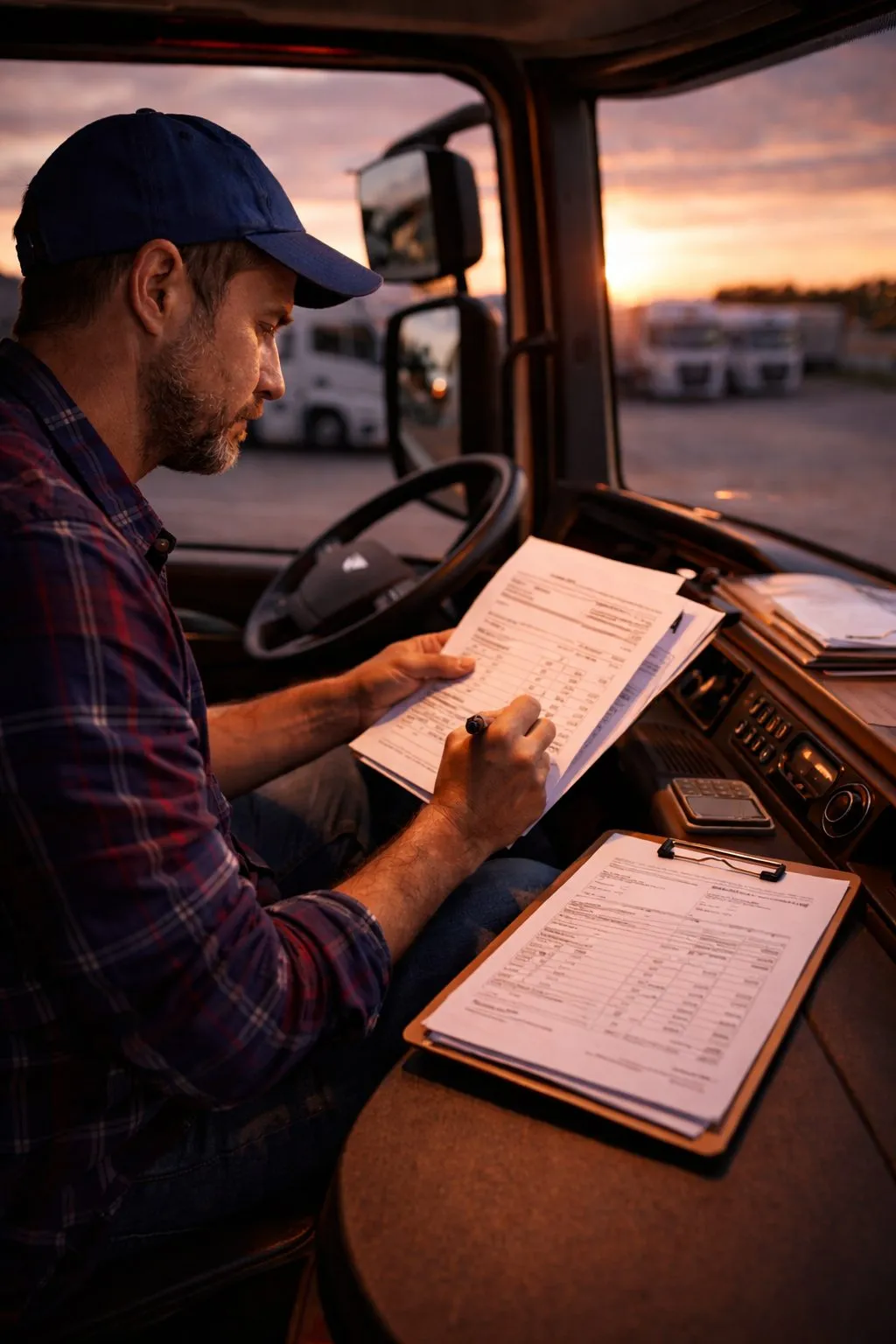 Driver filling out papers in the truck cabin