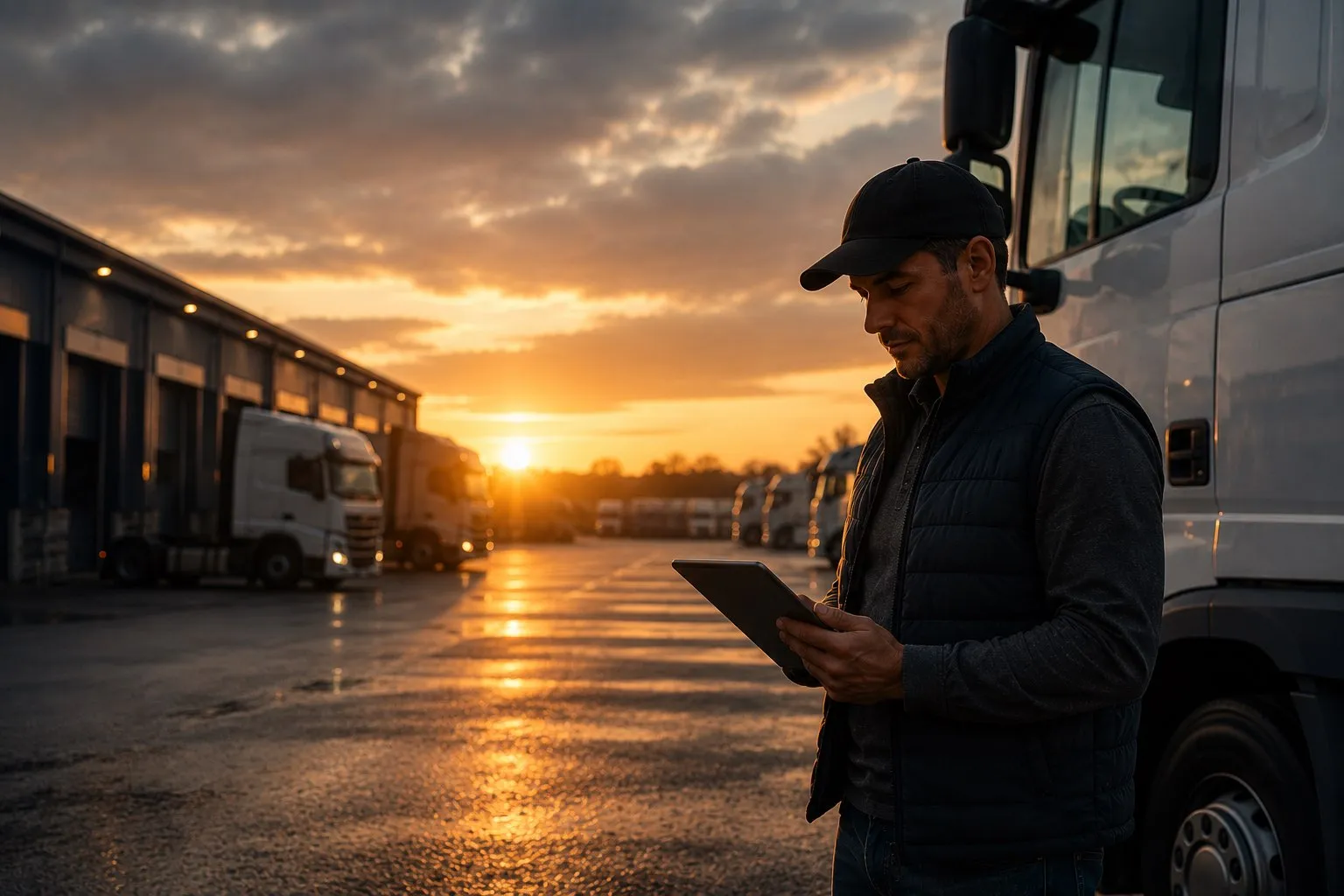 Kuljettaja tabletin kanssa kuorma-autojen edessä auringonlaskussa