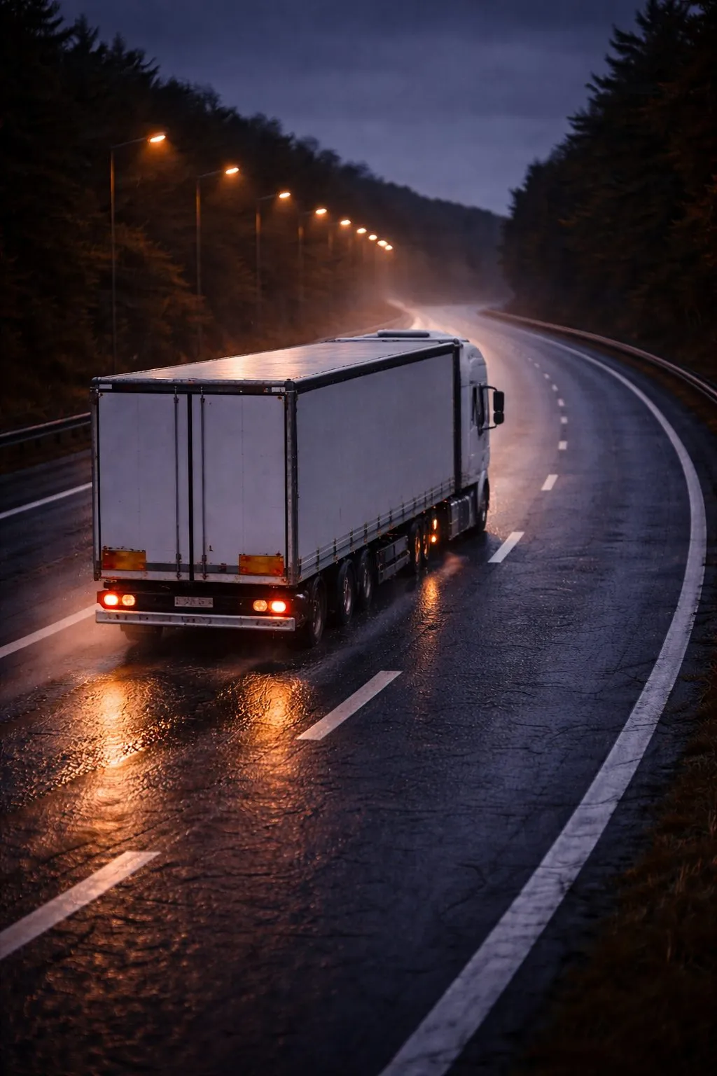 Sunkvežimis šlapiame greitkelyje naktį